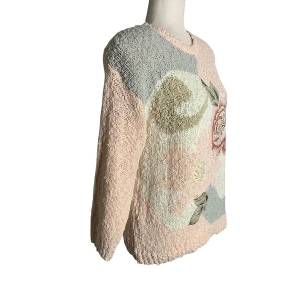 Vintage 80s Boucle Knit Sweater S Pink Embroidered Rose Applique Beaded Pullover - Picture 5 of 6